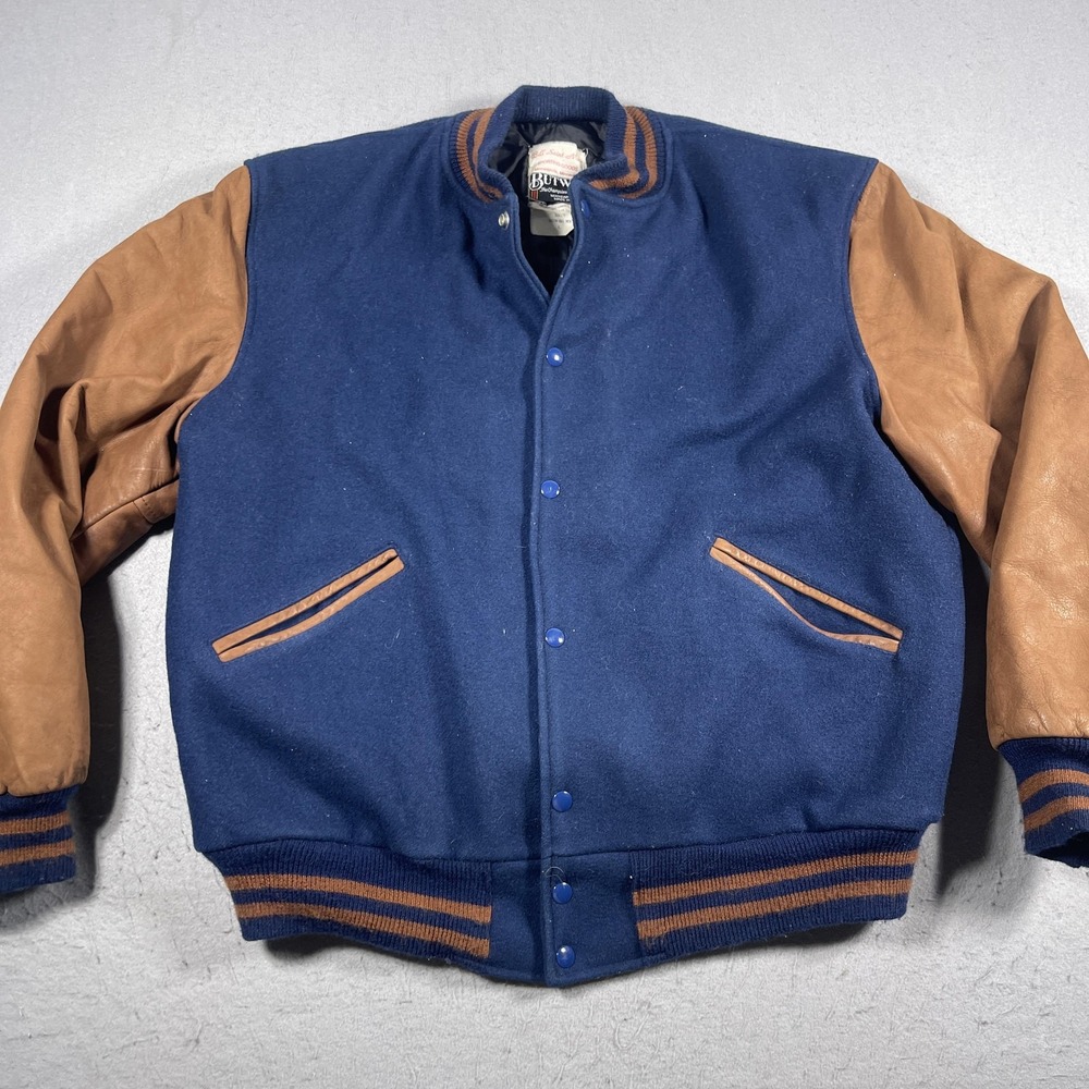Butwin Varsity Jacket Men Large Regular Navy Blue Tan Leather Sleeve Vintage 90s - Picture 3 of 11